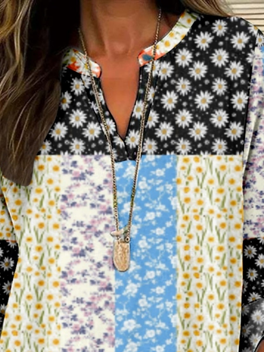 Women's Blouse Floral Stylish Modern Long Sleeve V Neck Regular Tops Daily Holiday Print Black White Summer